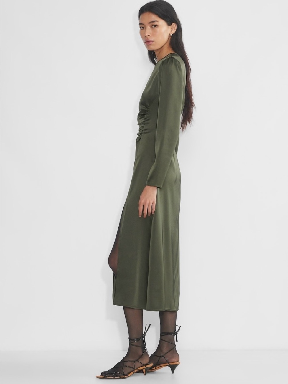 Wilfred Olive Green Satin Melita Dress Long Sleeve Size 4 Elegant Quiet Luxury
